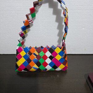 Vtg Multicolor Recycled Candy Wrappers Purse Handbag
